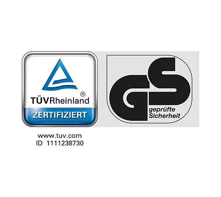 TÜV Rheinland and GS certified logos with certification ID 1111238730.