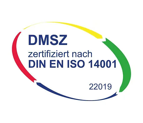 DMSZ zertifiziert nach DIN EN ISO 14001 22019 logo with colored arrows.