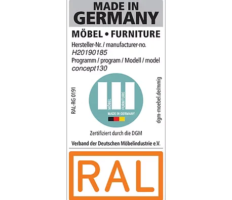 Label displaying "Made in Germany" and certification details with RAL logo.