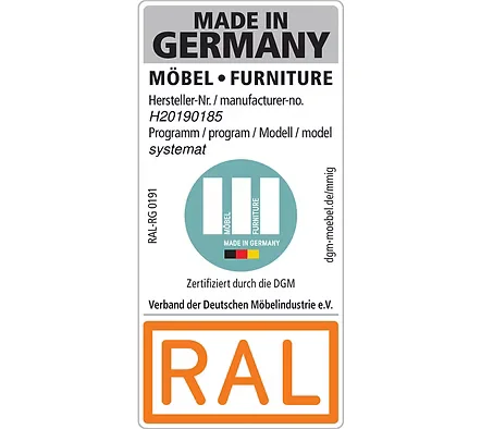 Label showing "Made in Germany" furniture certification with RAL logo.