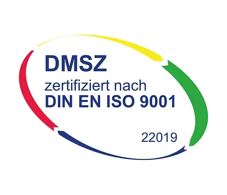 DMSZ zertifiziert nach DIN EN ISO 9001 badge with colorful arrow design.