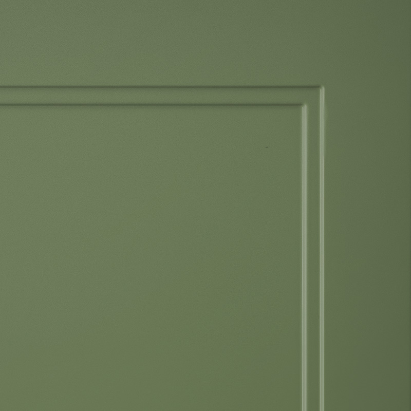 Green cabinet door with a simplistic, modern design and clean lines.